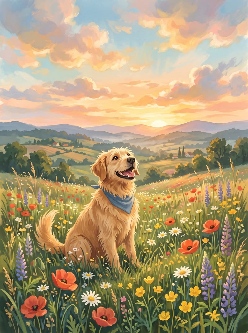 A rescued dog in a meadow