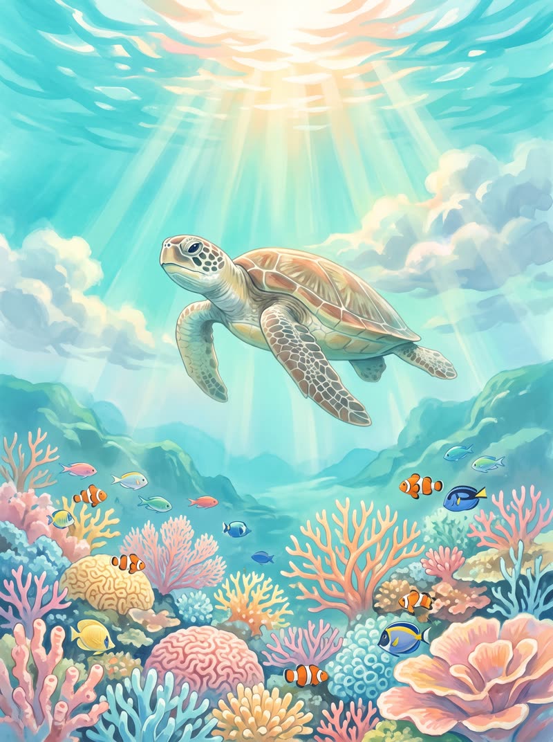 A sea turtle over a coral reef